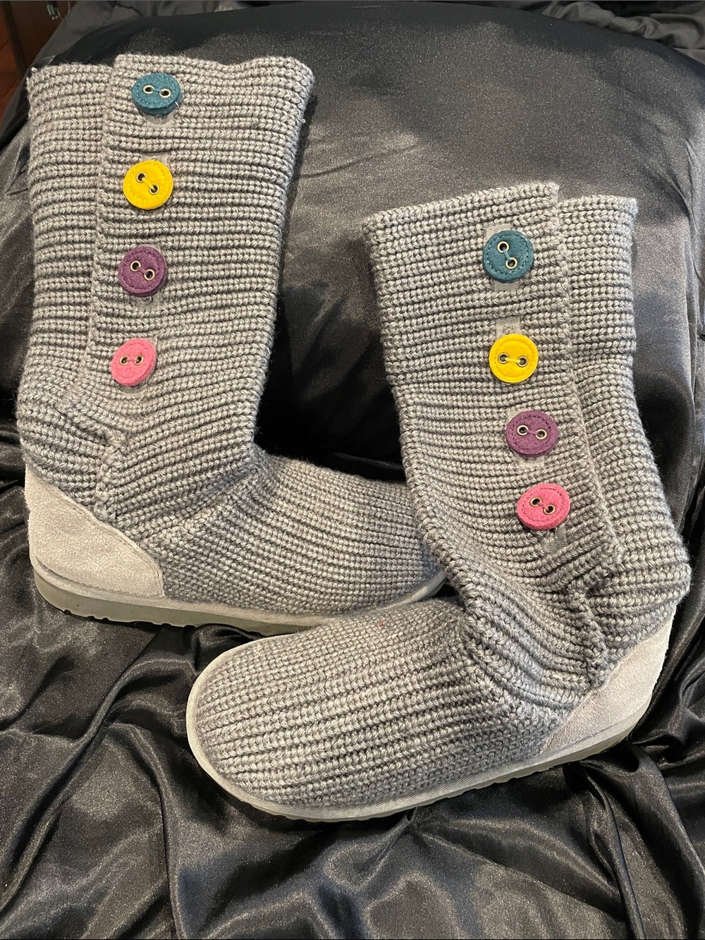 UGG Grey Knit Tall Button-Accent Boots with Multicolor Buttons